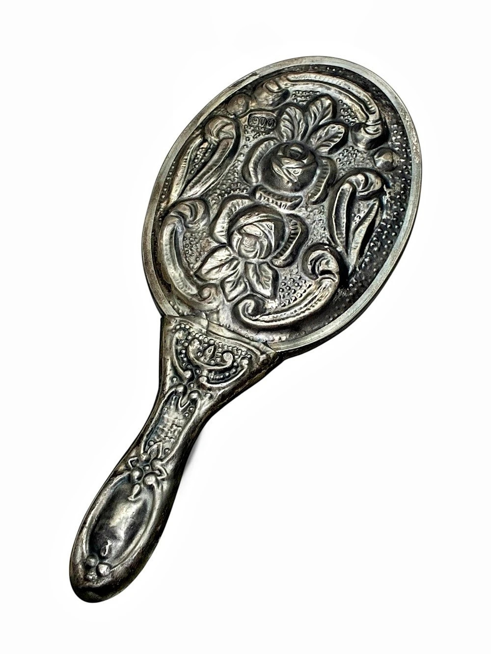 Rare 1800’s Ornate Repousse Floral Hand Mirror 900 Silver